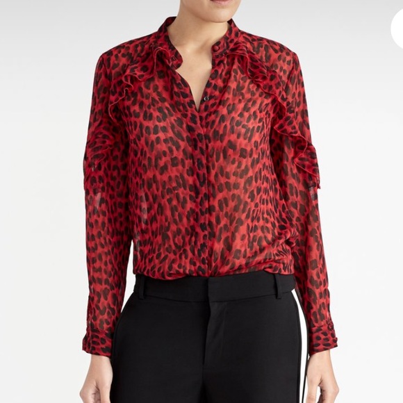 Animal Print Black & Ox Blood Red Leopard Ruffle Blouse - Picture 3 of 4